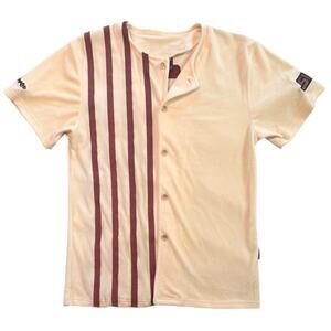 Native Language Velour Polo Shirt Cream Burgundy Striped Mens Size Small S SLCT